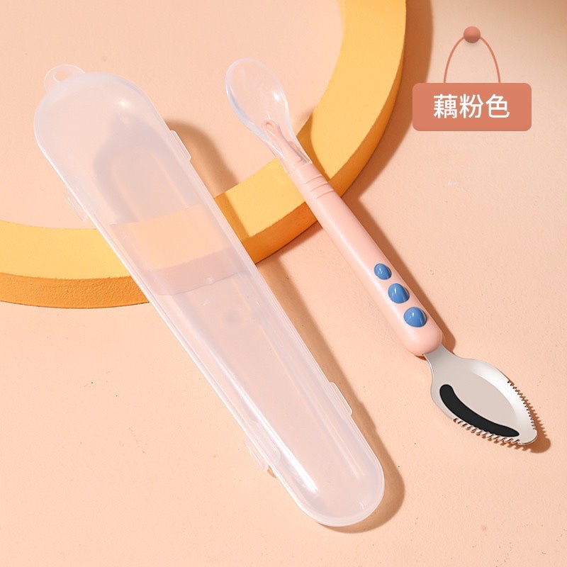 Thìa nạo inox hoa quả 2 đầu cho bé ăn dặm (loại đẹp, có hộp đựng)