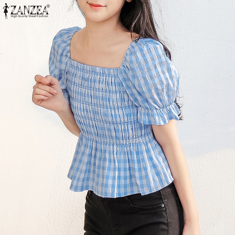 Áo kiểu ZANZEA tay phồng ngắn cổ vuông họa tiết sọc caro thời trang hè dành cho nữ