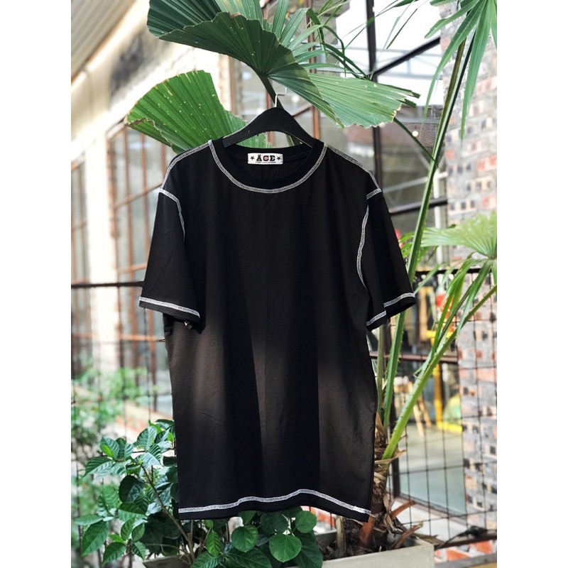 [Ace Streetwear] Áo phông cotton ngắn tay màu đen may viền chỉ trắng phong cách streetwear