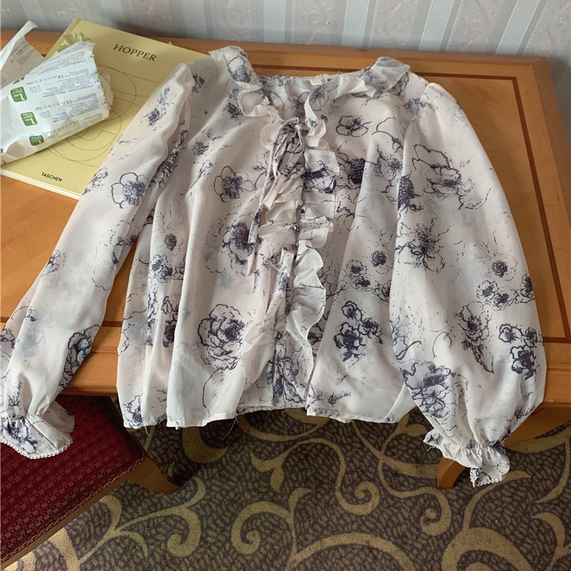 SUXI Áo Sơ Mi Chiffon Tay Dài Cổ Chữ V Họa Tiết Hoa Phong Cách Vintage Hàn Quốc