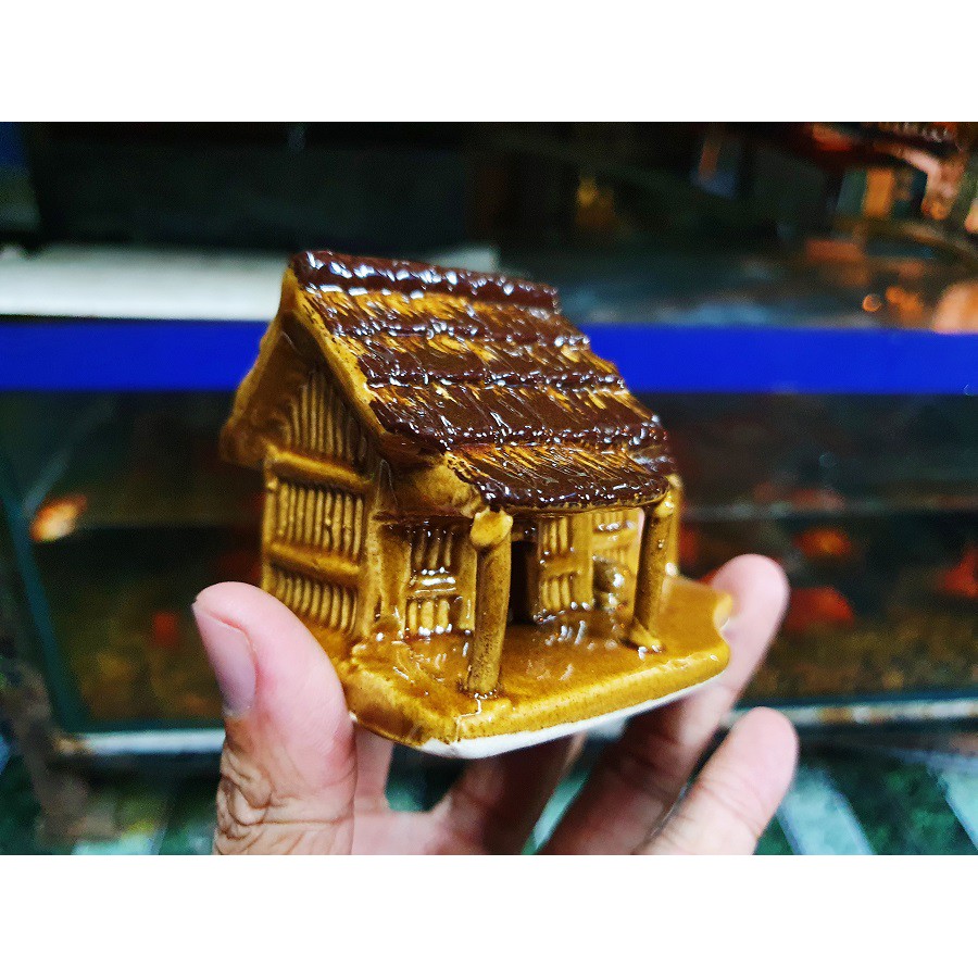 NHÀ LÁ TRÁNG MEN TRANG TRÍ HỒ CÁ NON BỘ 8x6x8cm