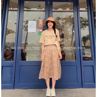 Set đầm hoa áo thun chân váy hoa