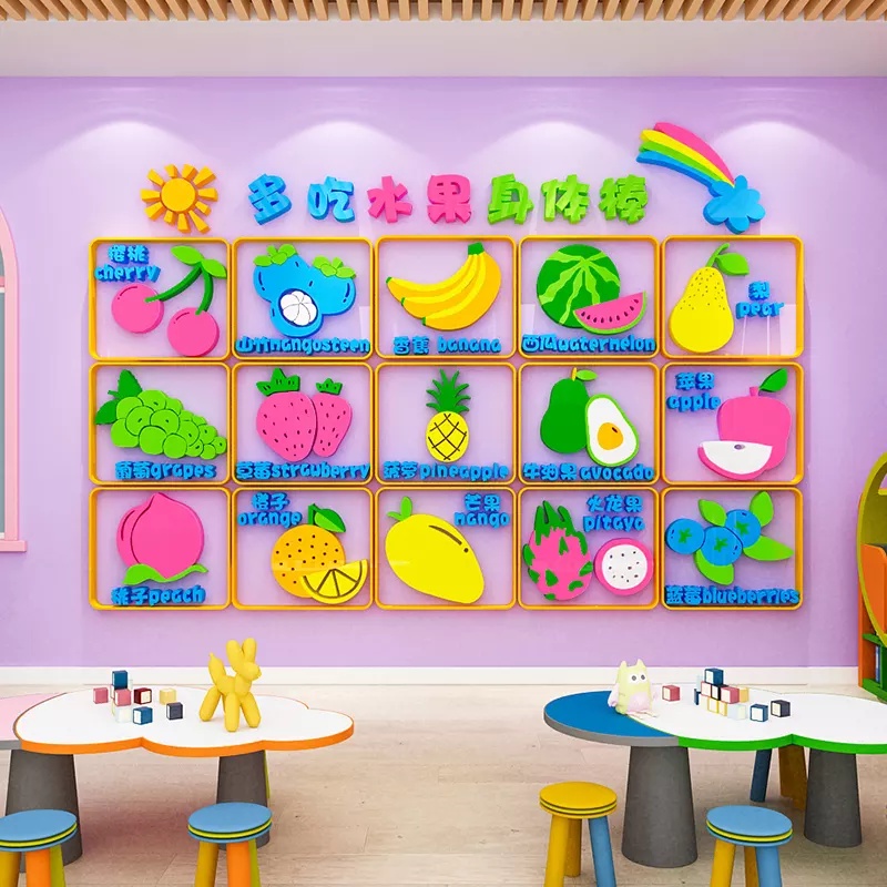 Miếng Dán Tường 3D Bằng Acrylic Chống Nước Hình Trái Cây Hoạt Hình Cho Trẻ Mẫu Giáo