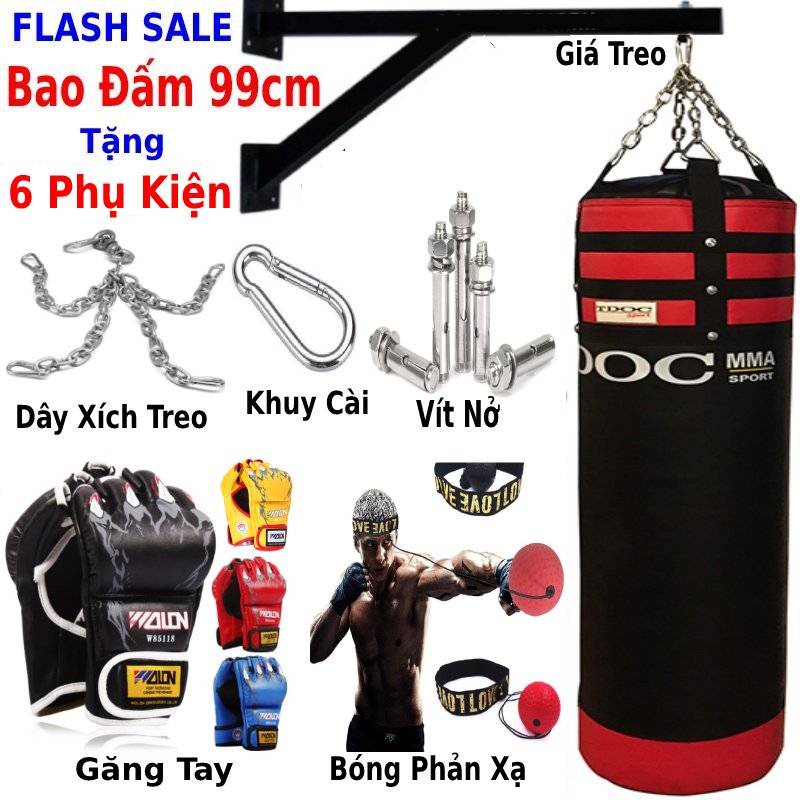 Bao cát đấm bốc 100cm đã nhồi sẵn ruột - tặng full combo 6 món, dụng cụ tập boxing chuyên nghiệp