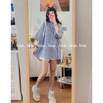 Áo sơ mi kẻ sọc tay lỡ form rộng