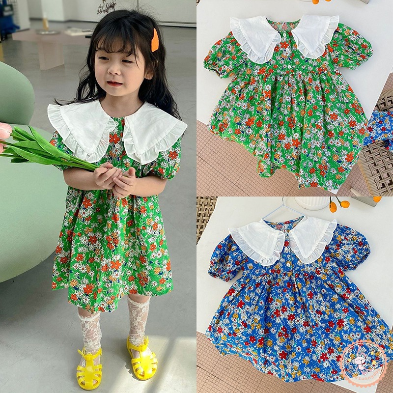 Đầm Công Chúa Tay Phồng Cổ Búp Bê In Họa Tiết Hoa Cho Bé Gái