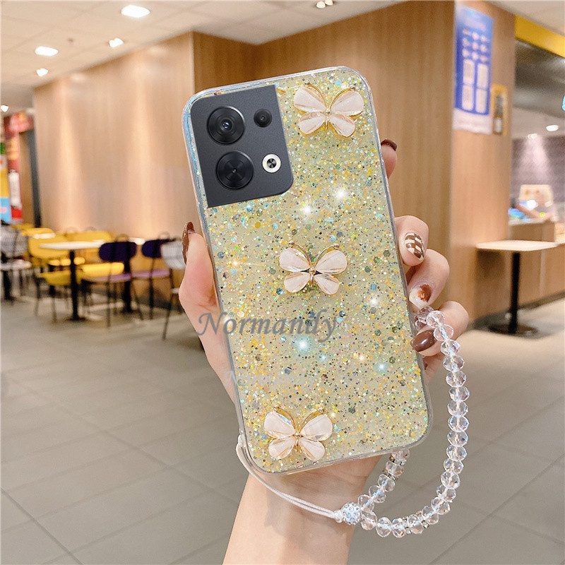 Ốp điện thoại có dây đeo đính hạt đá hình bướm lấp lánh 3D cho OPPO Reno8 8Z 8Pro Reno 8 7 7Z 7Pro 6Z 6 Z Pro 5G 4G