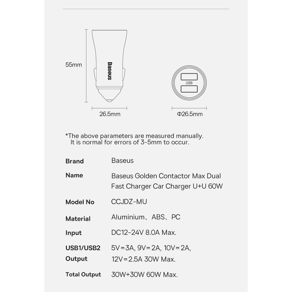 Tẩu sạc trên xe hơi Baseus 60W QC 4.0 PD 3.0 sạc nhanh thích hợp cho ĐT táo 13 Pro Max Samsung