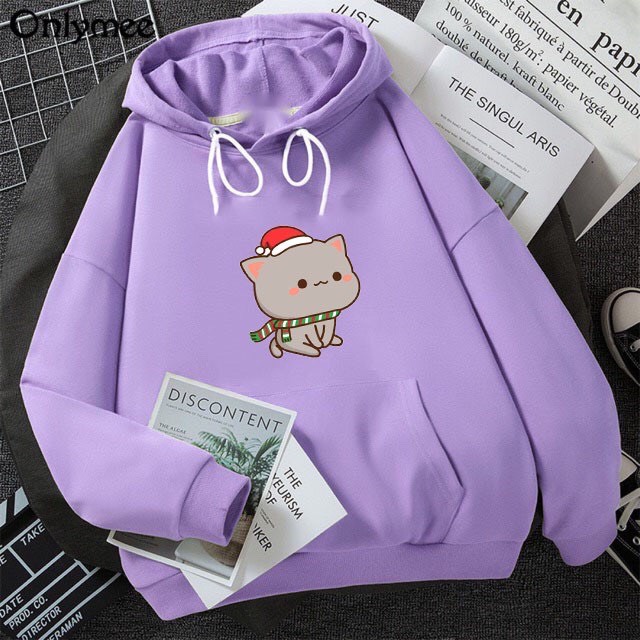 ÁO HOODIE ĐỘI NÓN CÓ TÚI IN HÌNH CHÚ MÈO NOEL CỰC HOT
