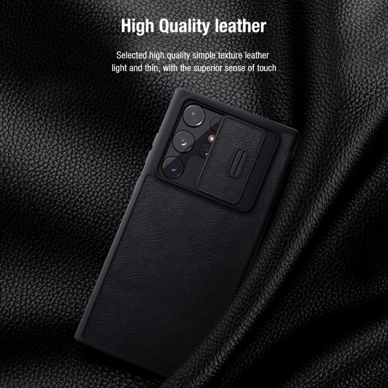 Bao da nillkin Qin samsung galaxy S22/S22 plus/S22 ultra da siêu đẹp có nắp bảo vệ camera.