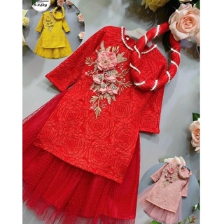 Áo dài cách tân Gấm xốp hoa nổi, gắn hoa Phù Dung kèm mấn XHN442