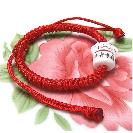 Vòng Tay EBI Gốm Mèo May Mắn Maneki Neko Dây Rút Đỏ Tùy Chỉnh Độ Rộng