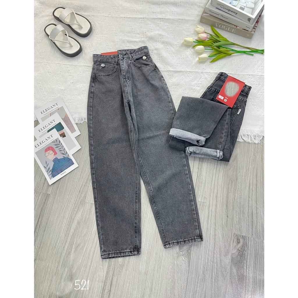 [BGHL521] QUẦN BAGGY JEANS NỮ LƯNG CAO 2 TAM GIÁC TÚI PHỐI 2 NÚT MÀU XÁM NHẠT ĐEN LAI CUỐN DÀY DẶN NITIQC