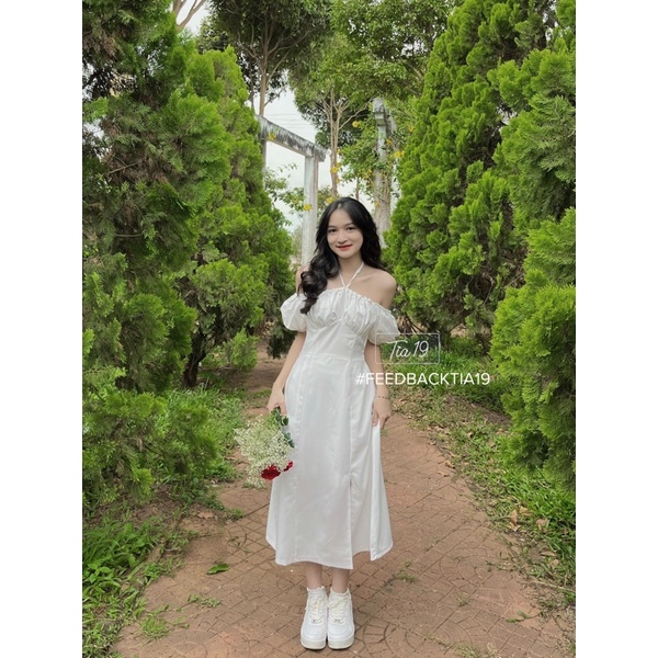 Váy trắng cutout dáng dài Tia19. Đầm trắng tiểu thư cổ yếm trễ vai | BigBuy360 - bigbuy360.vn