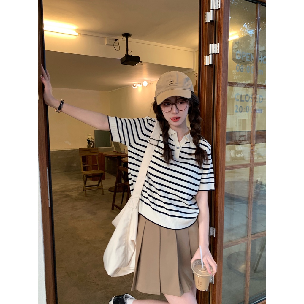 Áo thun polo ZHELIHANGFEI vải dệt kim ngắn tay họa tiết kẻ sọc ngang thời trang