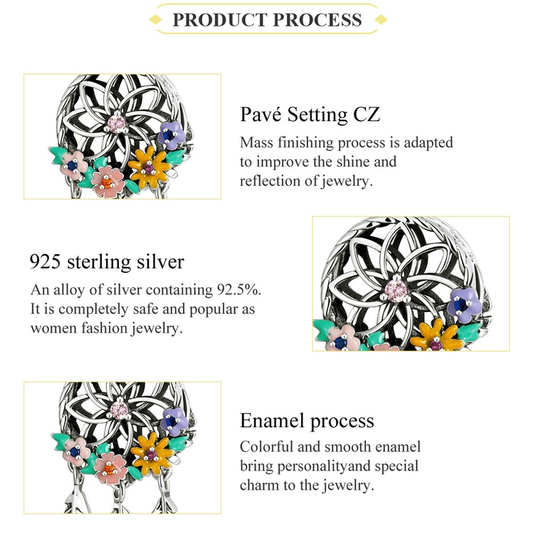 Hạt Bamoer BSC589 bạc 925 hình lưới giấc mơ đính hoa/lông vũ dùng làm vòng tay thời trang