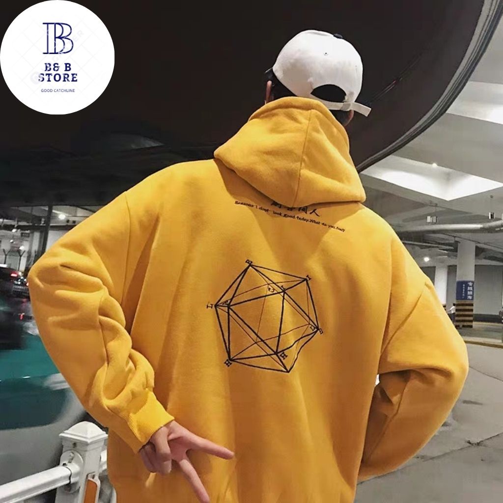 ÁO HOODIE FORM NAM IN HÌNH LẬP PHƯƠNG MẶC TRƯỚC VÀ SAU SIÊU ĐẸP