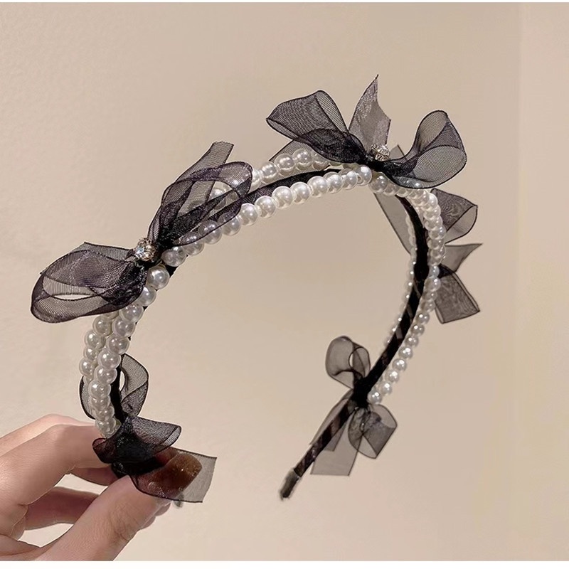 Băng Đô Cài Tóc Đính Hạt Ngọc Trai Và Nơ Xinh Xắn