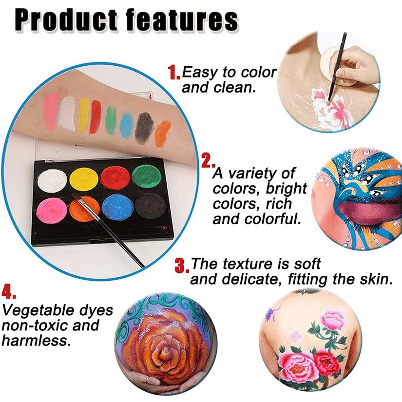 Bảng 8 Màu Vẽ Trang Điểm Mặt/Cơ Thể Không Độc Hại Cho Tiệc Halloween/Halloween/Cosplay/Giáng Sinh/Art