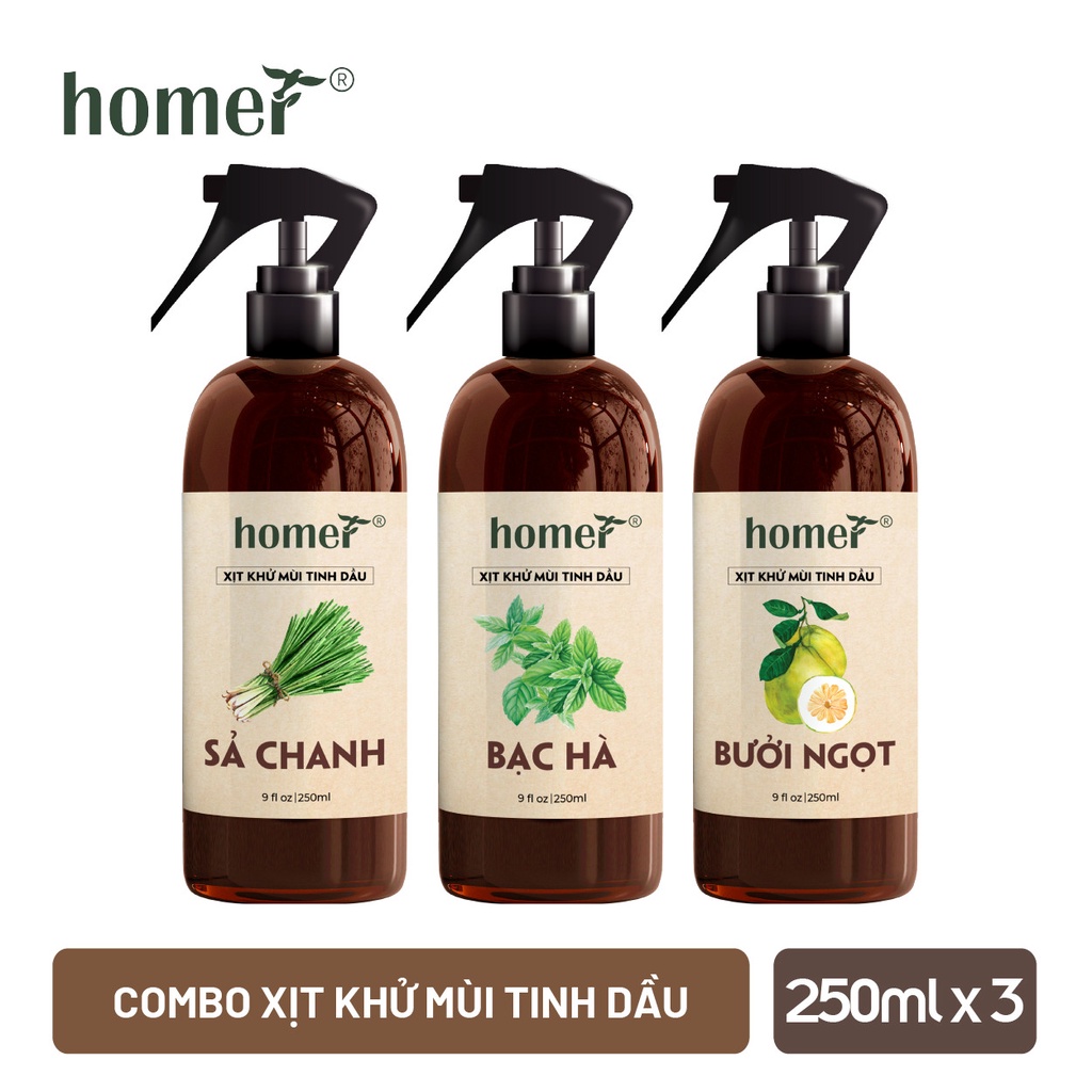 Combo 3 xịt khử mùi thơm phòng Sả Chanh + Bạc Hà + Bưởi Ngọt Homer 100ml/ chai