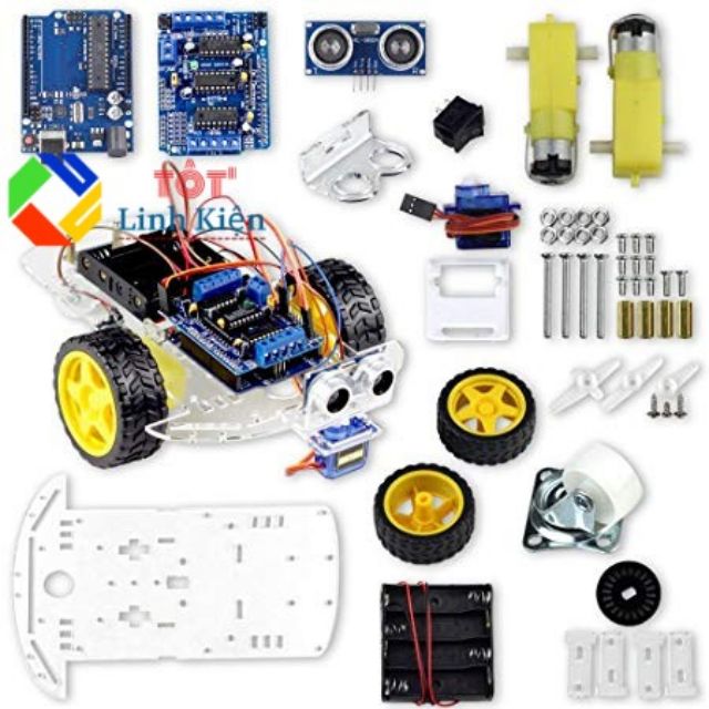 (Kèm code) Bộ xe Robot thông minh tránh vật cản 2 DIY - Arduino Uno, Shield L293D