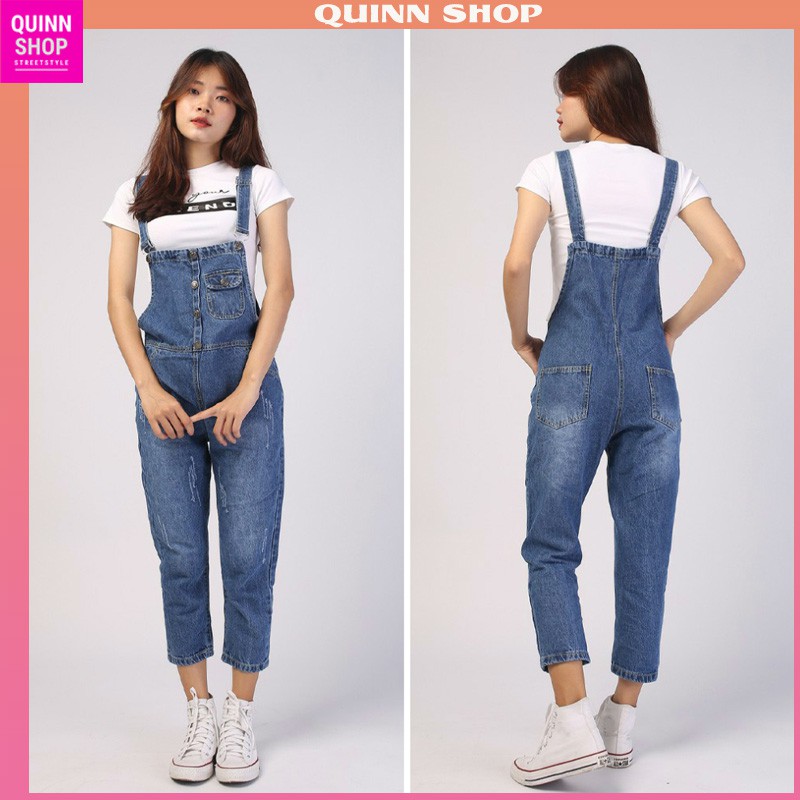 Yếm jean dài Nữ phối nút gài, túi nắp nổi bật, wash xước nhẹ cá tính PC Hàn quốc ulzzang - Hot trend 2021