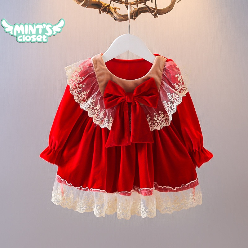 Váy nhung đỏ phối voan bèo dạ hội cho bé gái size từ 1 đến 4 tuổi MINTSCLOSET Mint's Closet - GV0012