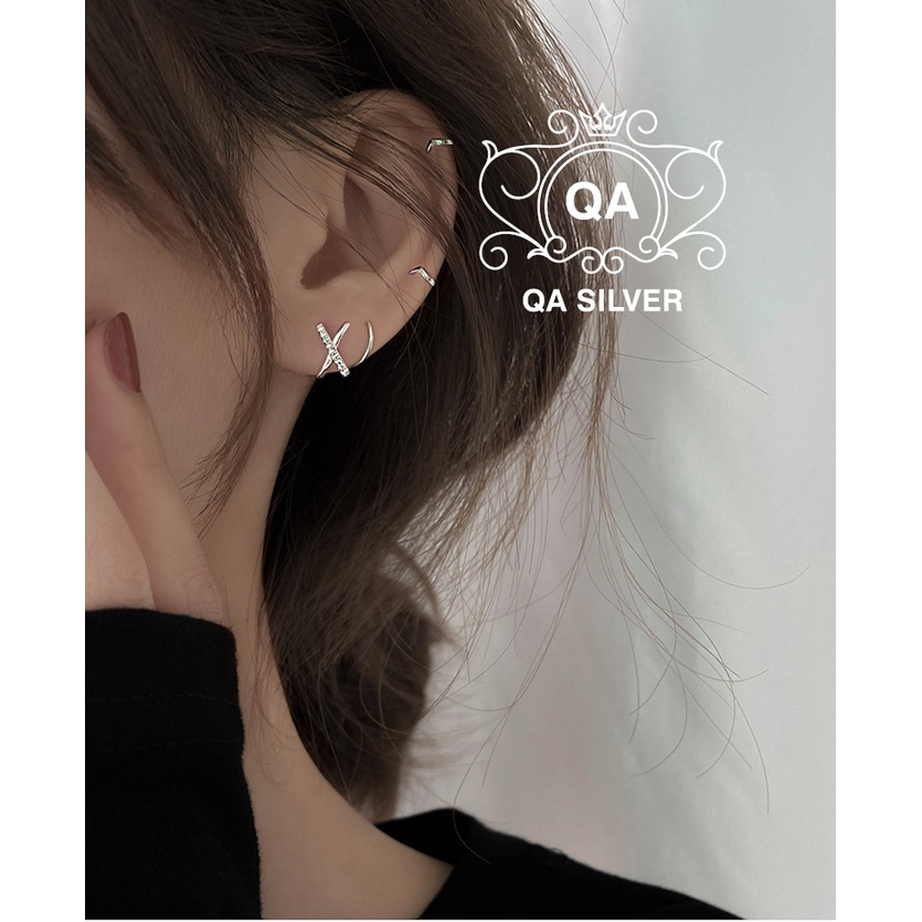 Khuyên tai bạc 925 cuộn chữ X đính đá bông xoắn kẹp vành chéo S925 HELIX QA SILVER Earrings EA200608