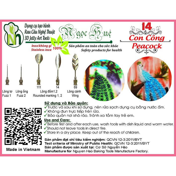 Dụng cụ làm thạch rau câu 3D Ngọc Huệ (bộ 5 kim số 14 - con công)