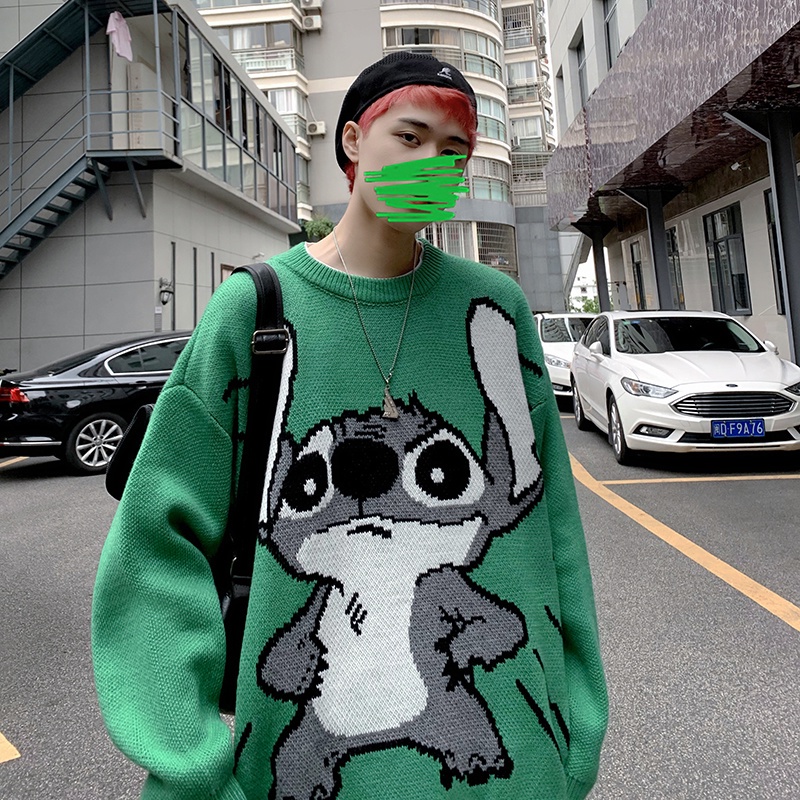 ✦ AFFLIGA ✦Áo sweater cổ tròn dáng rộng màu trơn in hoạt hình Stitch kiểu Nhật Hàn thời trang mùa đông cho nam
