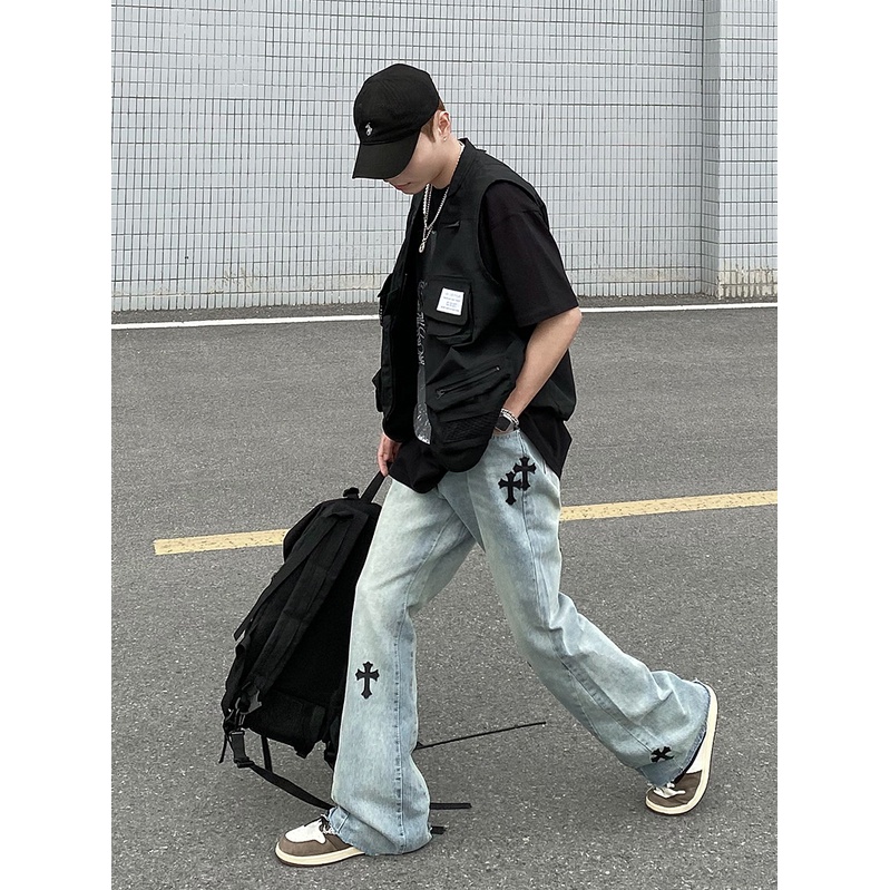 Quần Jeans nam ống rộng họa tiết thánh giá, Quần bò nam phong cách Streetwear