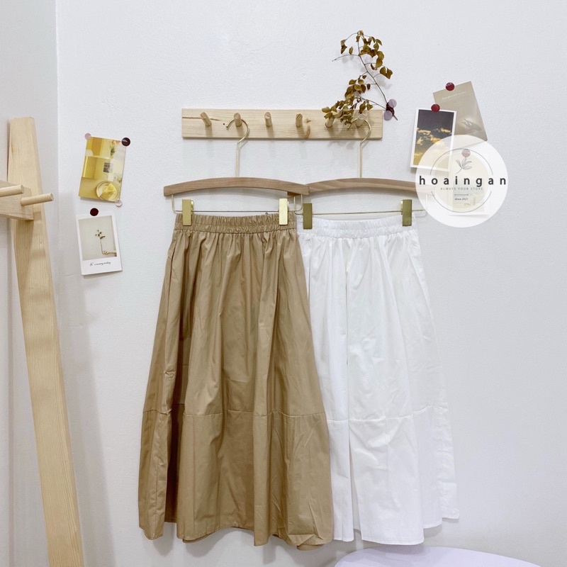 Chân váy dài midi dáng xoè chữ A thô trơn basic vintage cổ điển dễ phối cạp chun cạp cao dễ thương hằng ngày hàn quốc