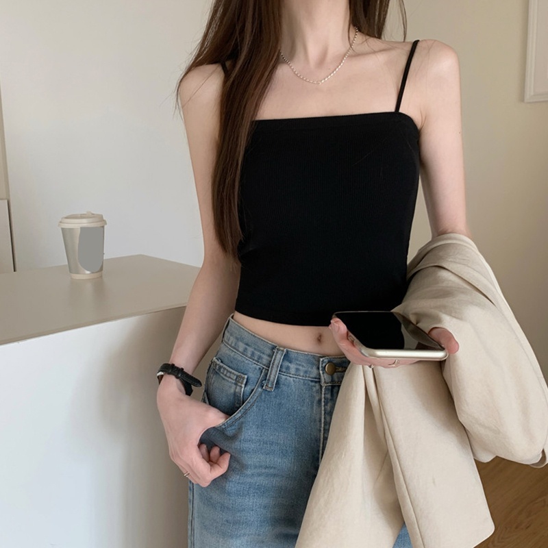 Brroa Áo Ống Hai Dây Dệt Kim Mỏng Màu Trơn Có Gân Và Đệm Ngực Cho Nữ