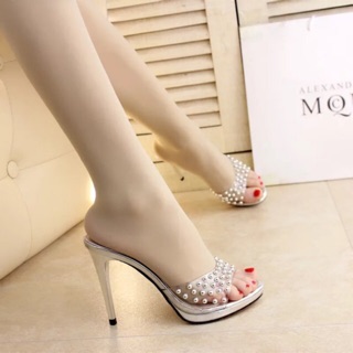 (ORDER) Dép cao gót quai trong suốt đính hạt 10-11-12-13 cm, hàng cao cấp