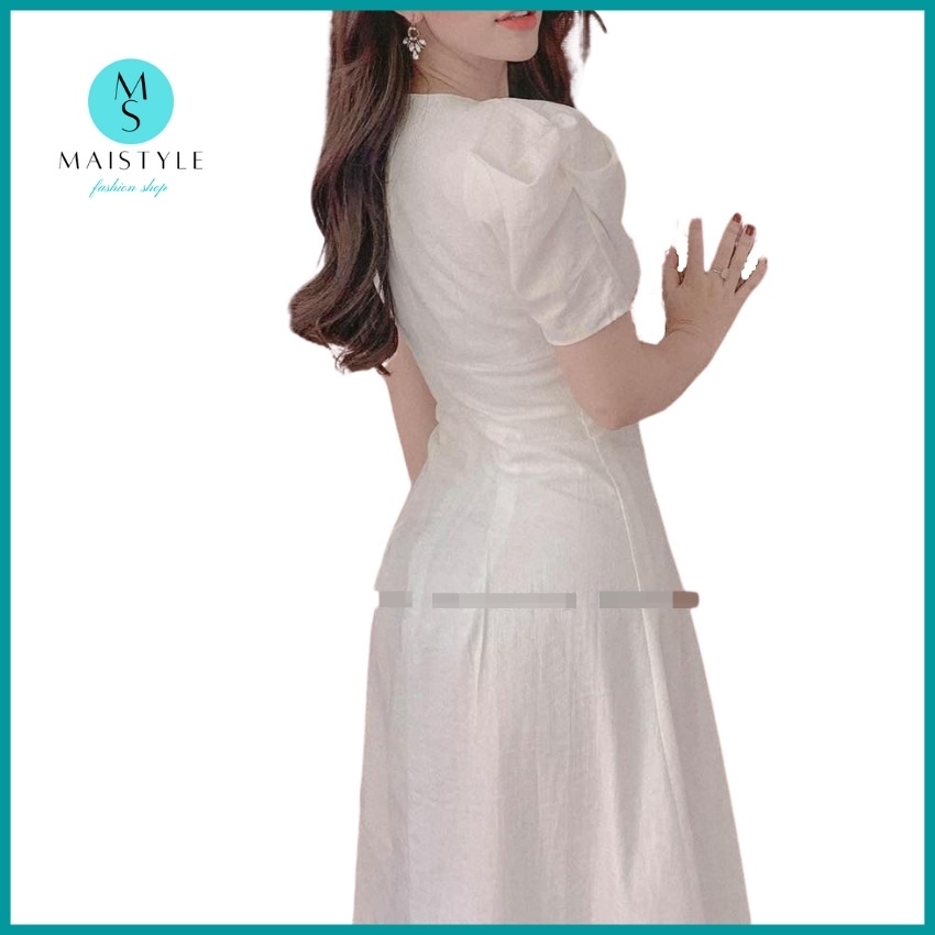 Váy trắng đen MAISTYLE đầm nữ công sở dự tiệc dáng dài qua gối xinh thiết kế đẹp tay phồng cao cấp xòe midi vải linen | BigBuy360 - bigbuy360.vn