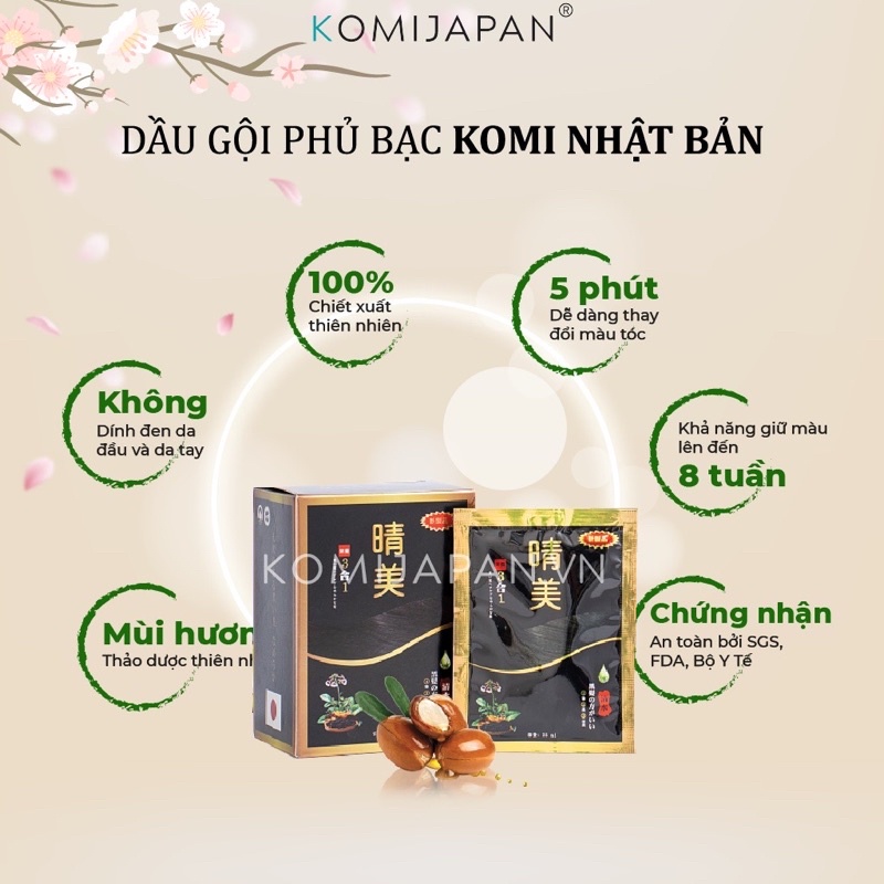 Dầu gội nhuộm phủ bạc tóc Komi Nhật Chính Hãng dạng hộp 10 gói