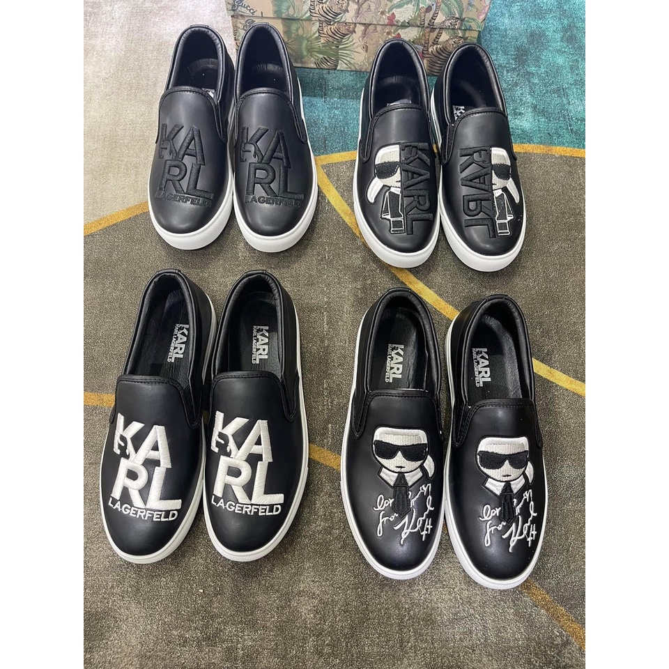 Giày Karl Slipon, Giày Lười Karl Slipon Thêu Hình Đeo Kính Cao Cấp Da Pu Chống Nước