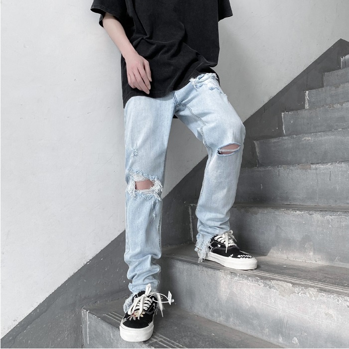 (sale xả kho) Quần jean rách nam rách gối dáng baggy màu xanh trắng 324 Pon.mens