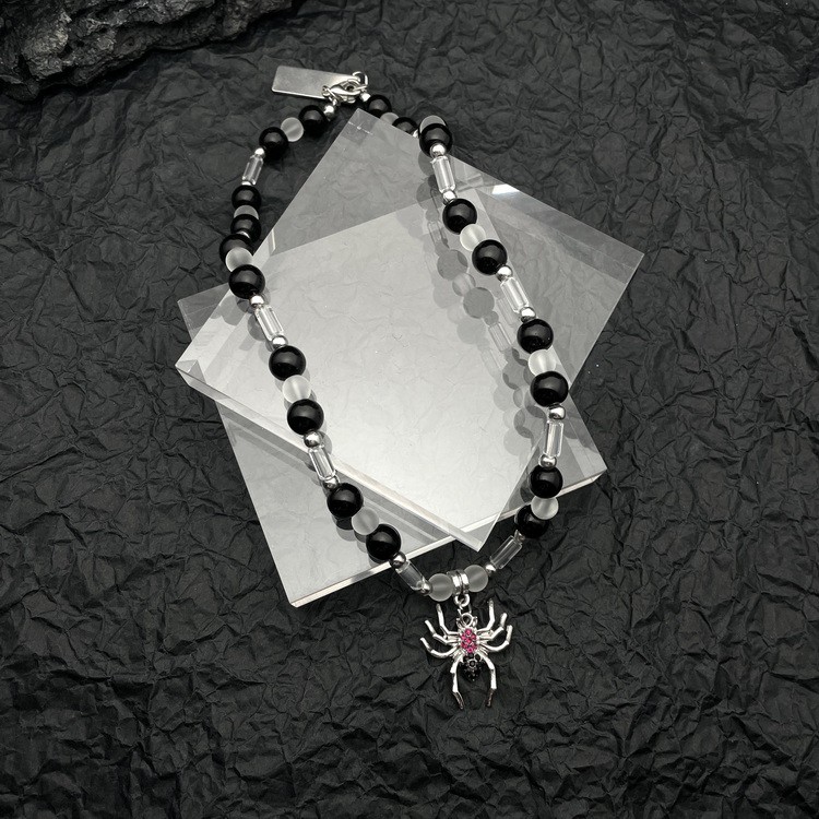 Vòng cổ Chuỗi Hạt Tròn Màu Đen Mặt Hình Nhện Đính Đá Thời Trang Trẻ Trung Cho Nam Nữ