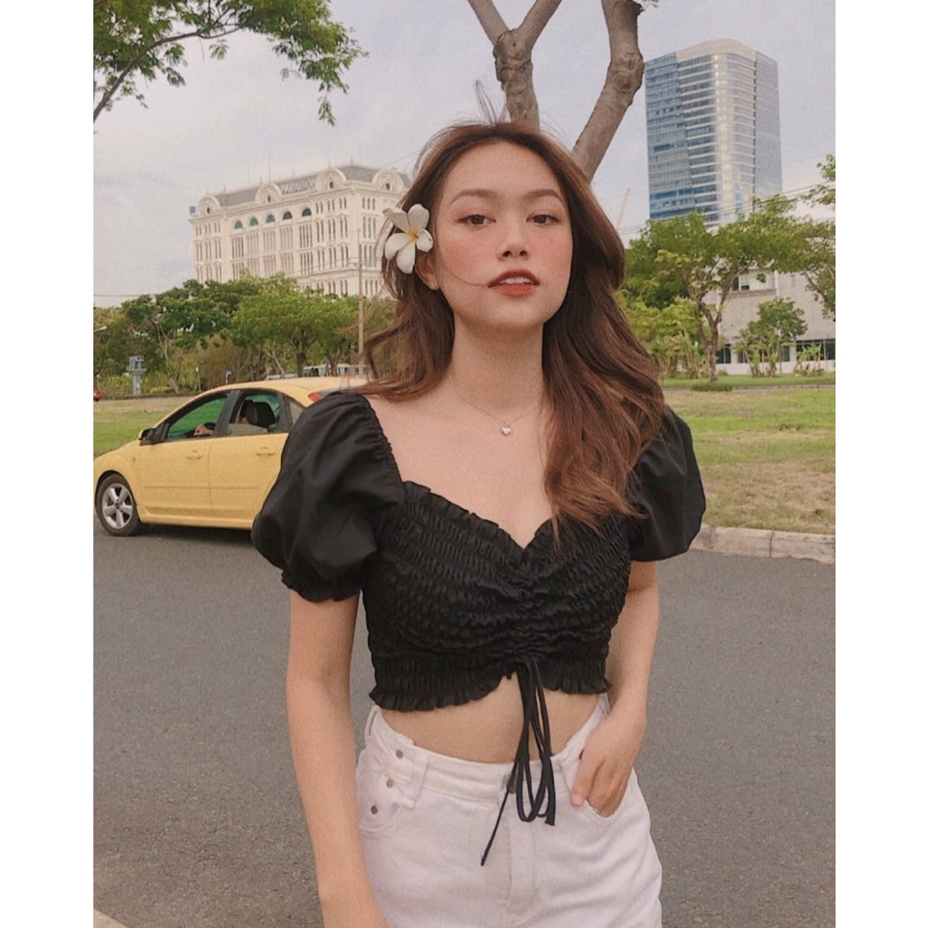 Áo croptop bo nhún rút dây