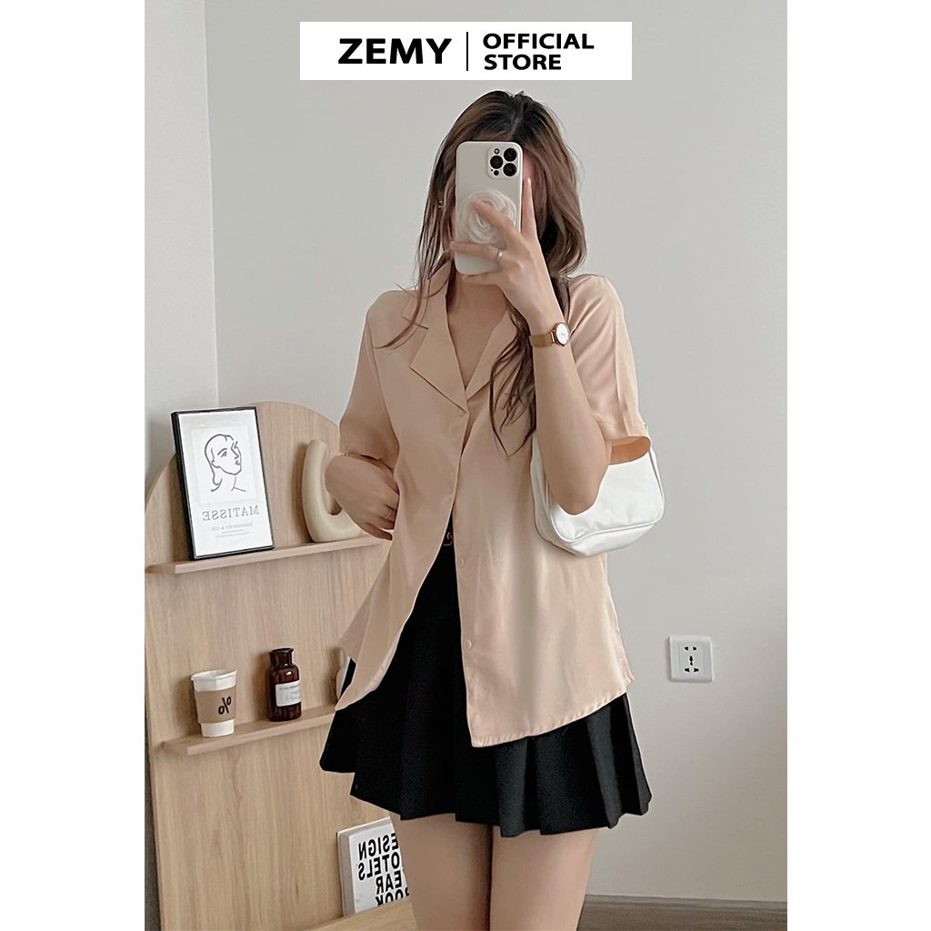 Áo sơ mi cổ vest nữ tay ngắn kiểu basic cộc tay lỡ form rộng công sở Hàn Quốc