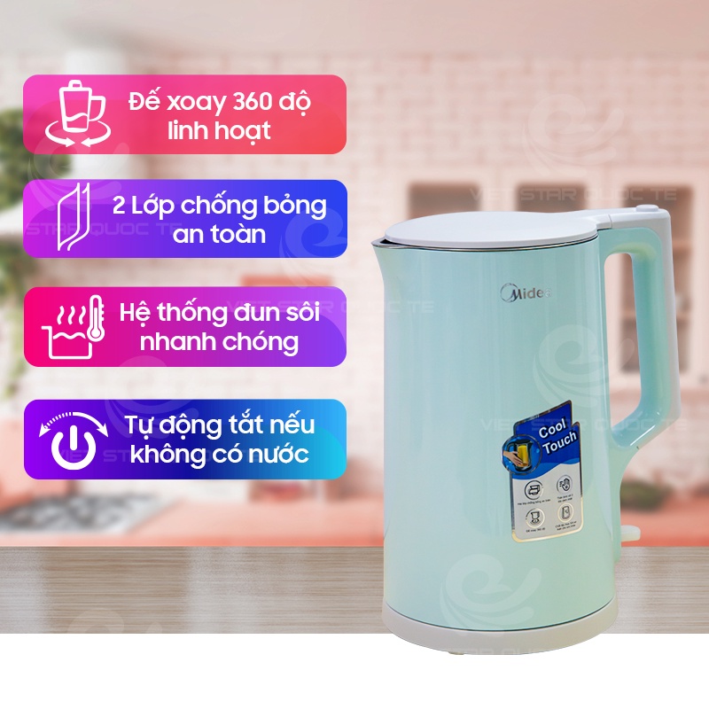 Bình đun siêu tốc, đế xoay 360, 2 lớp cách nhiệt, tự động tắt khi không có nước, bảo hành 12 tháng, MK-17DG