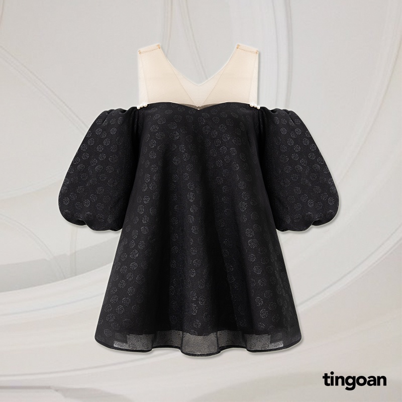 TINGOAN® - Áo trễ vai babydoll phối lưới vân hoa hồng đen 3 lớp vải ROSIE ANGLES TOP/BL