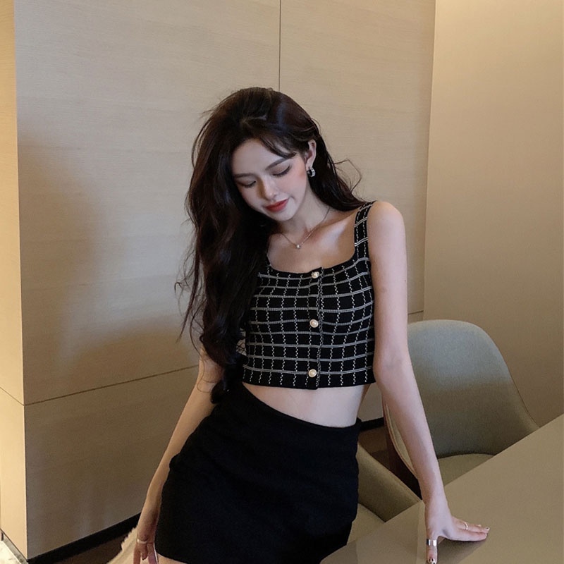 Áo Hai Dây Dáng Ngắn Hở Lưng Họa Tiết Sọc Caro Phong Cách Quyến Rũ