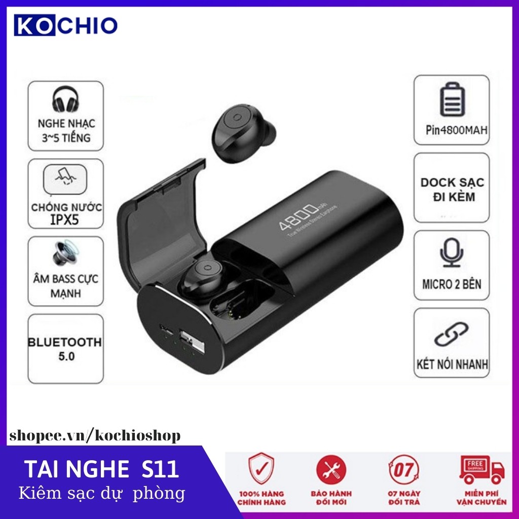 Tai Nghe Blutooth- Tai Nghe S11 kiêm sạc dự phòng 4800 mAh, không dây, có thể sử dụng riêng biệt 2 tai cho 2 điện thoại | BigBuy360 - bigbuy360.vn