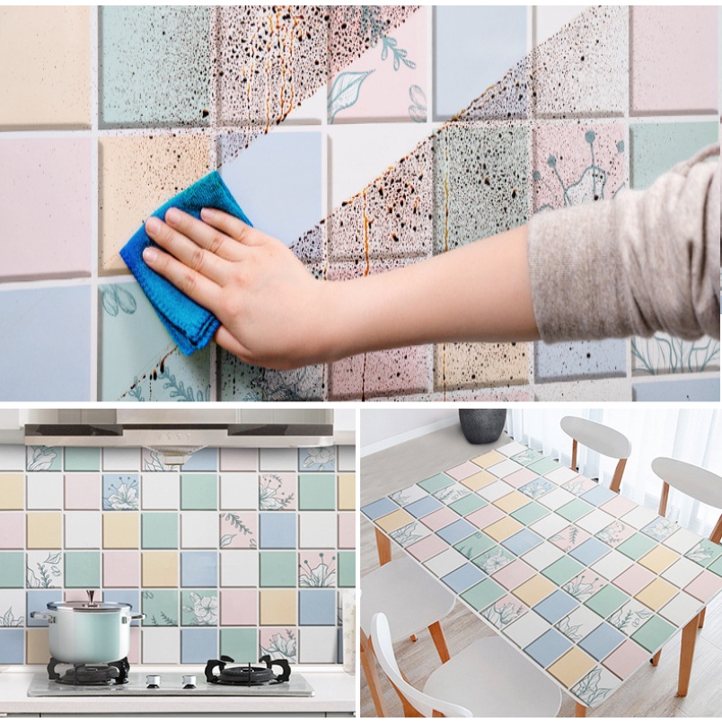 1 mét decal dán bếp tráng nhôm cách nhiệt tường gạch hoa tông màu tươi khổ 60cm keo sẵn