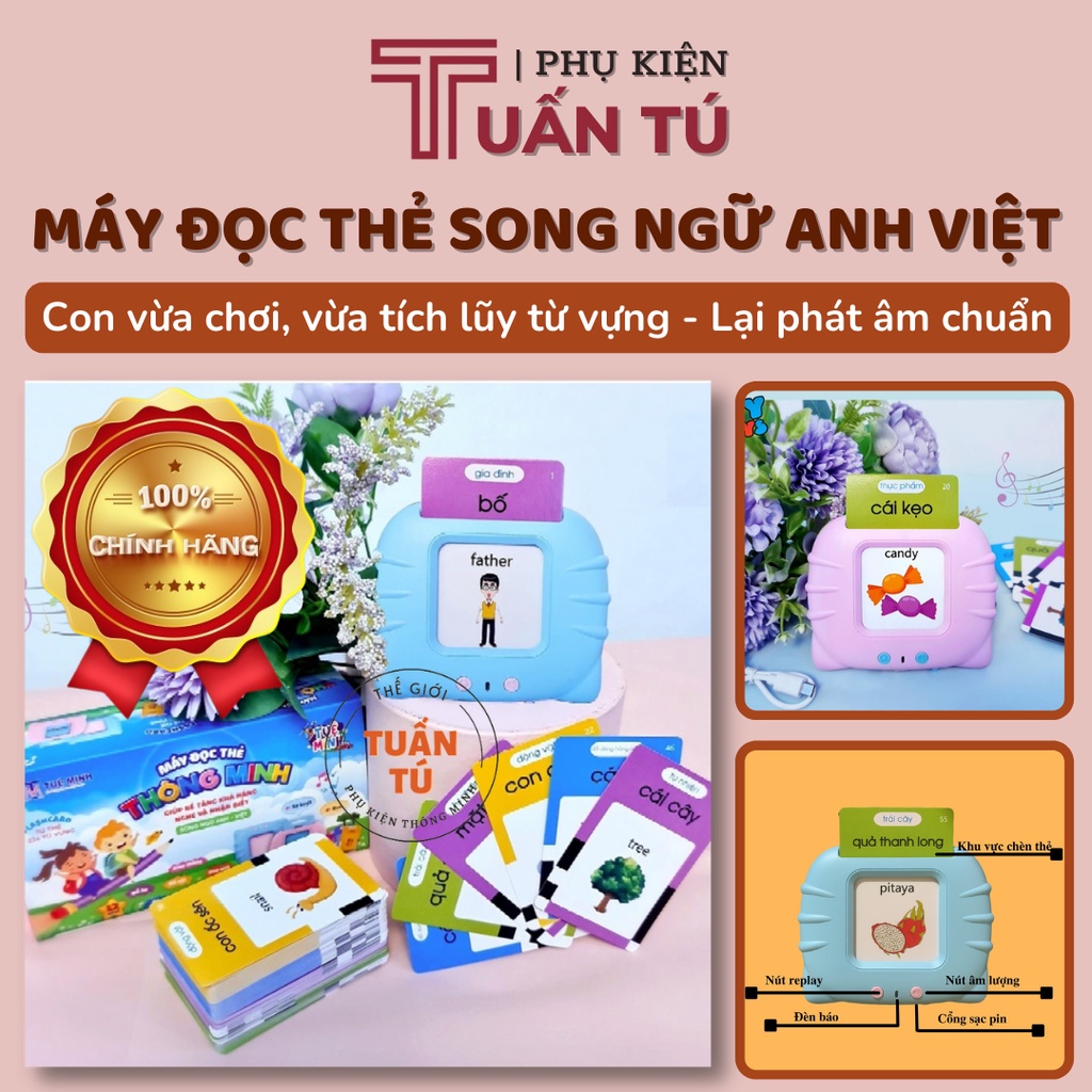 Máy đọc từ vựng song ngữ Anh Việt học tiếng anh, Máy đọc thẻ flashcard 112 thẻ 224 từ cho bé - Tuấn Tú Office Store