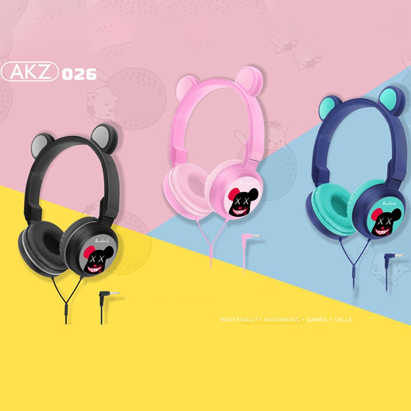 Tai Nghe Chụp Tai AKZ-026 Có Dây Chuẩn 3.5MM Hình Gấu Trúc Dễ Thương Cho Bé