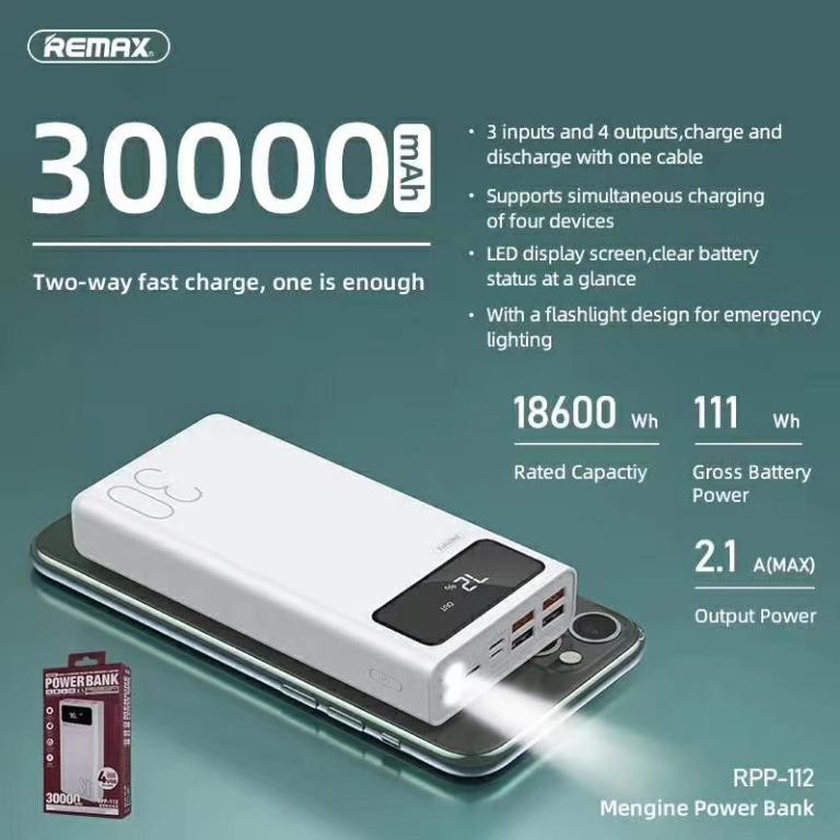 Pin sạc dự phòng Remax RPP-112 30000mAh, lõi Li-polymer, 3 cổng input, 4 cổng output (Trắng) - Hãng phân phối