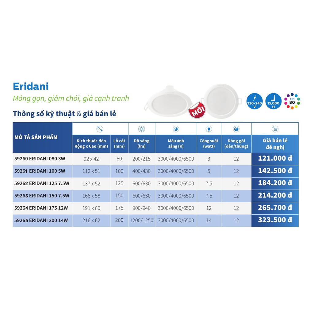 BÓNG ĐÈN LED 5W PHILIPS ERIDANI 59261 D100 ÂM TRẦN DOWNLIGHT KIỂU TRÒN ( TIẾT KIỆM ĐIỆN - ÁNH SÁNG TRẮNG & VÀNG )